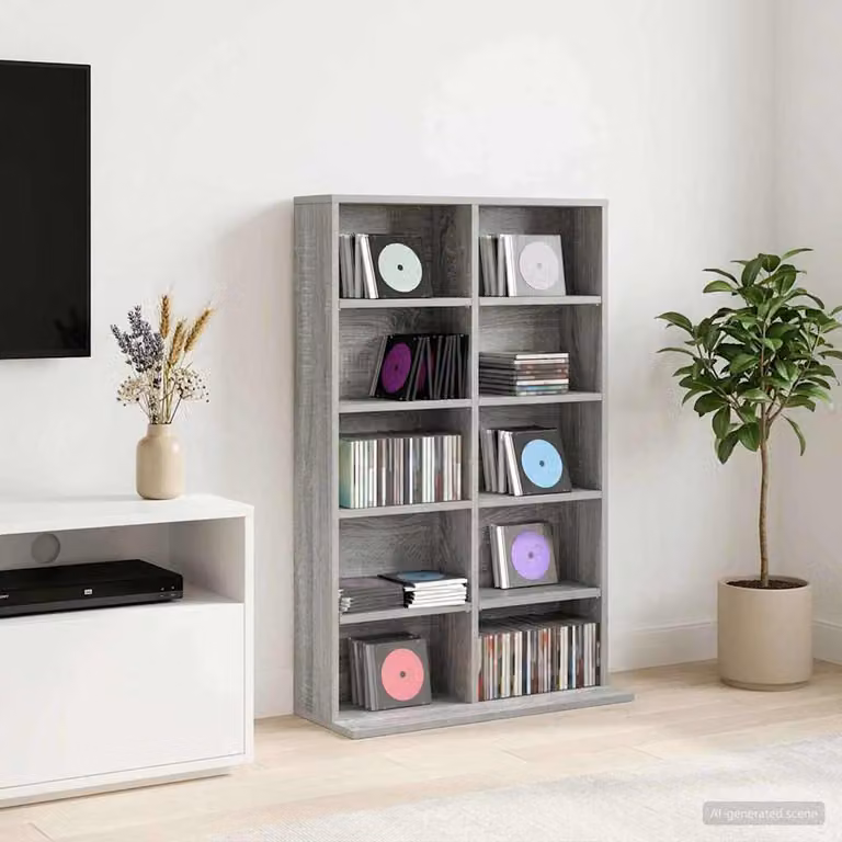 Mobile per CD e media vidaXL Sonoma grigio con ripiani regolabili L 65 cm, P 23,5 cm, H 97,5 cm