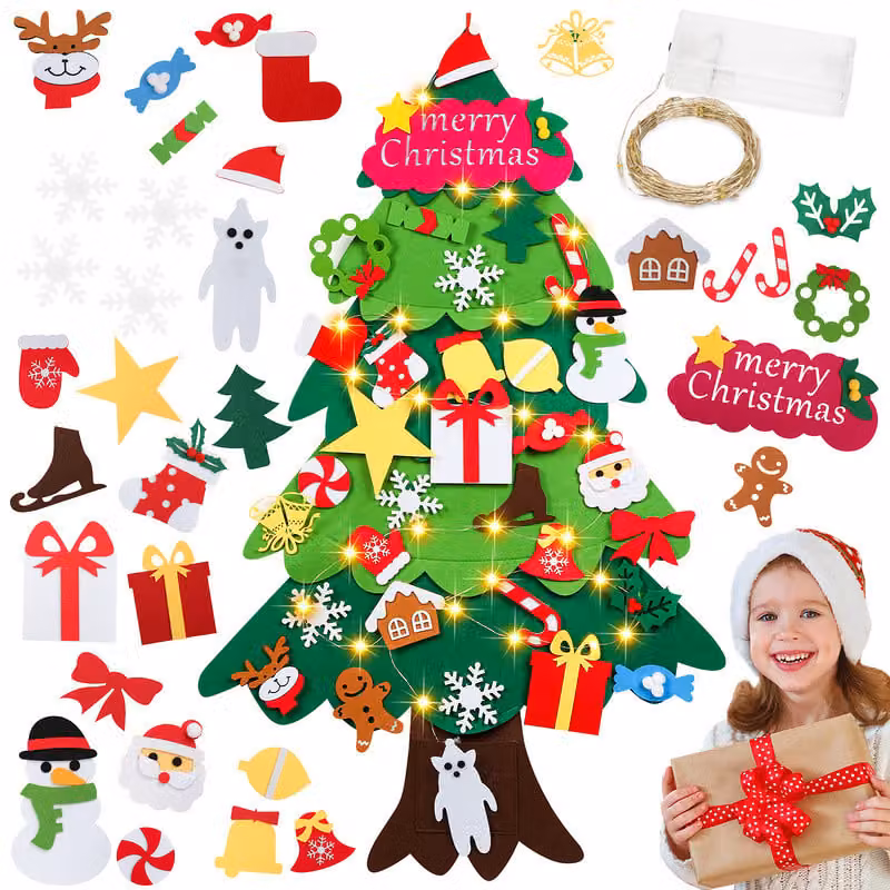 Jayseuw Albero di Natale in feltro, 33 PCS Feltro Albero di Natale per bambini, albero di Natale in feltro fai da te, con luci a led per bambini Regalo di Natale Albero di Natale in feltro