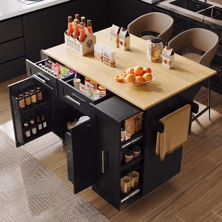 Isola da cucina con piano ribaltabile e spazio contenitivo, colore nero, dimensioni 110x46x90,5 cm
