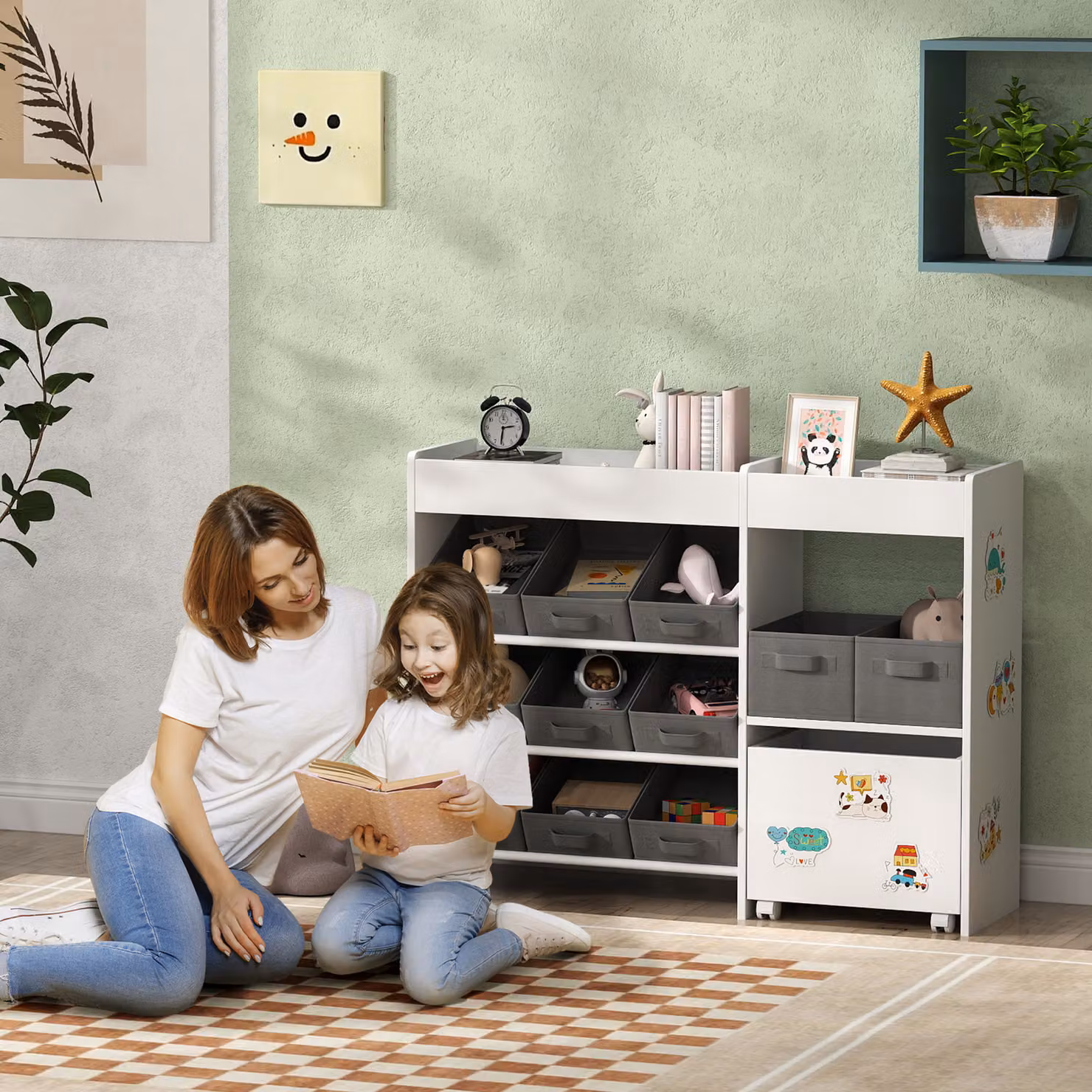 Scaffale per giocattoli e libri AIYAPLAY con 11 cesti in tessuto non tessuto, Bianco, L: 105 cm, P: 30 cm, H: 80 cm – 2