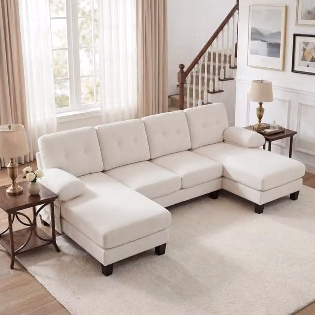 Divano Letto 4 Posti a U con Chaise Longue in Velluto ¨C MINIMAL ¨C Beige