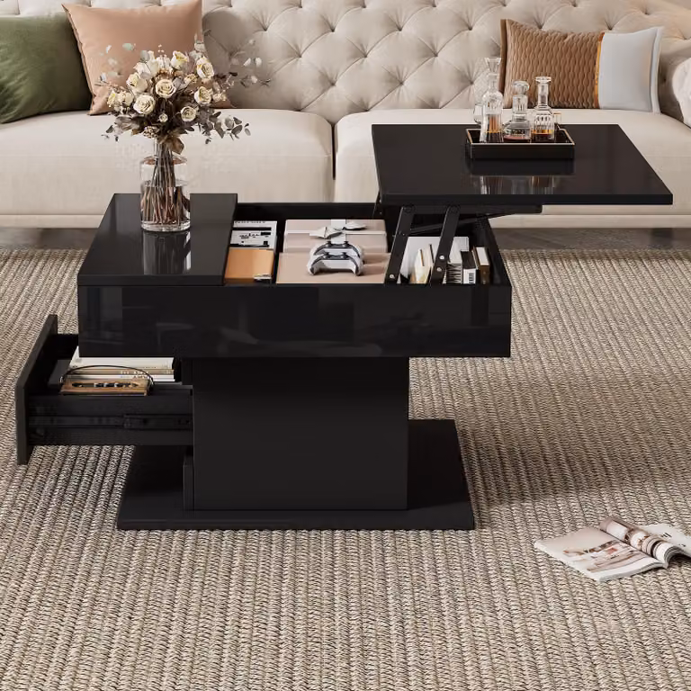 Tavolino da divano, dimensioni 70 x 70 x 45 cm, realizzato in pannello di particelle al 100%, colore nero, forma quadrata, con piano girevole a 360°, regolabile in altezza fino a 59 cm, dotato di 1 cassetto