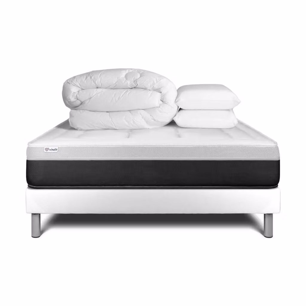Kit letto completo Vital Form con materasso ibrido memory foam, box spring con doghe, 2 cuscini e piumino, colore bianco, L/P: 200 x 200 cm – 2