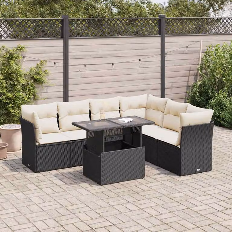 Set Divano da Giardino a L vidaXL con Cuscini e Tavolino, Design Moderno in Polyrattan e Metallo, Nero e Bianco