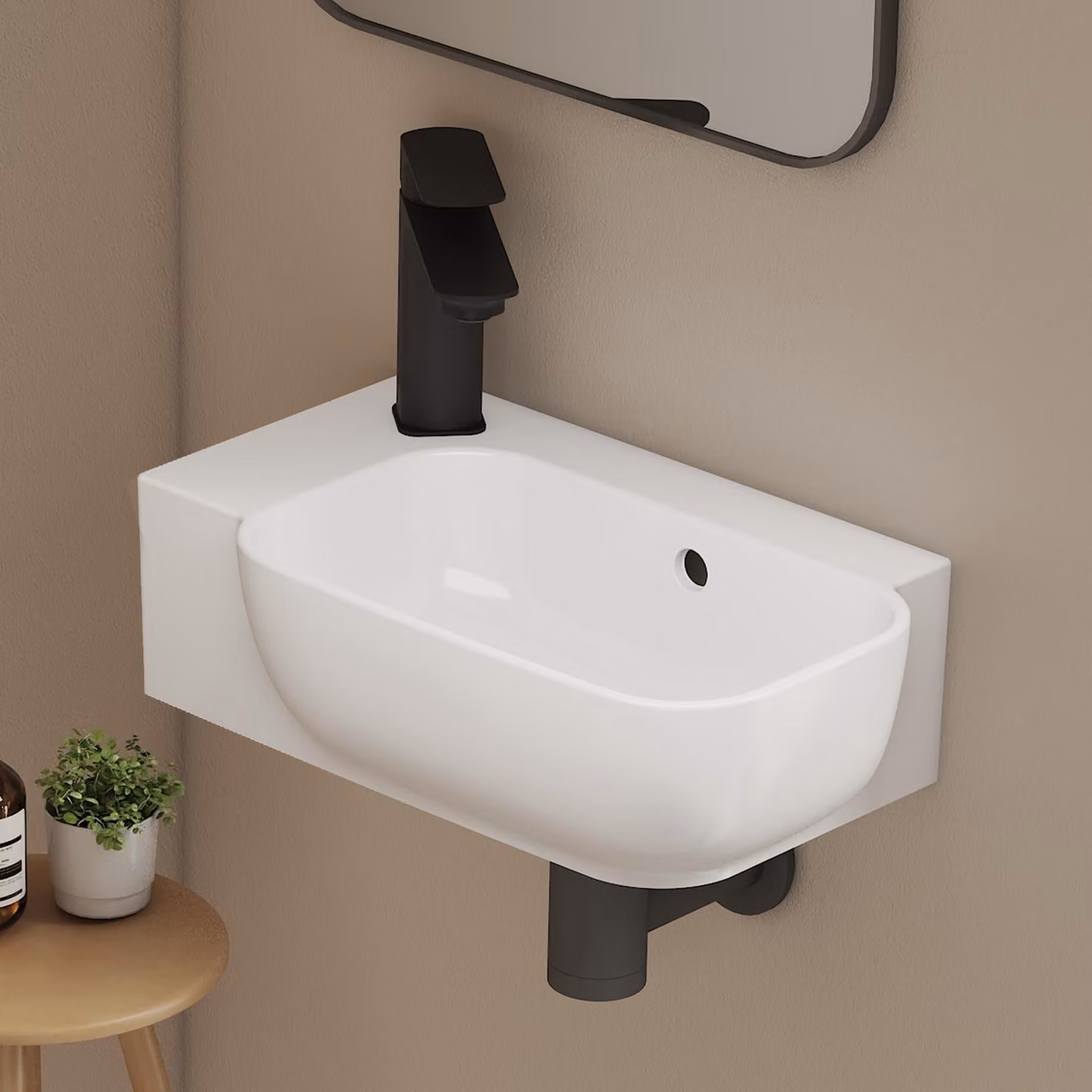EMKE Lavabo a parete in ceramica rettangolare 400x250 mm bianco lucido Lavabo a parete arrotondato con foro per rubinetto e troppopieno per WC ospiti e bagni piccoli