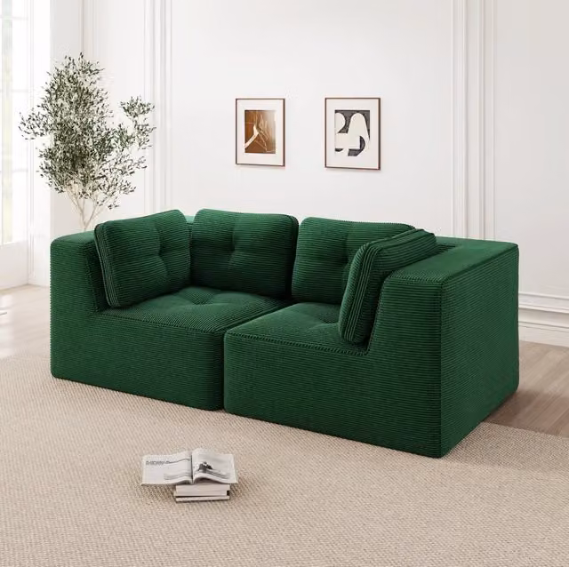 Divano angolare modulare in corduroy verde; 208x104x69 cm; schiuma 32D
