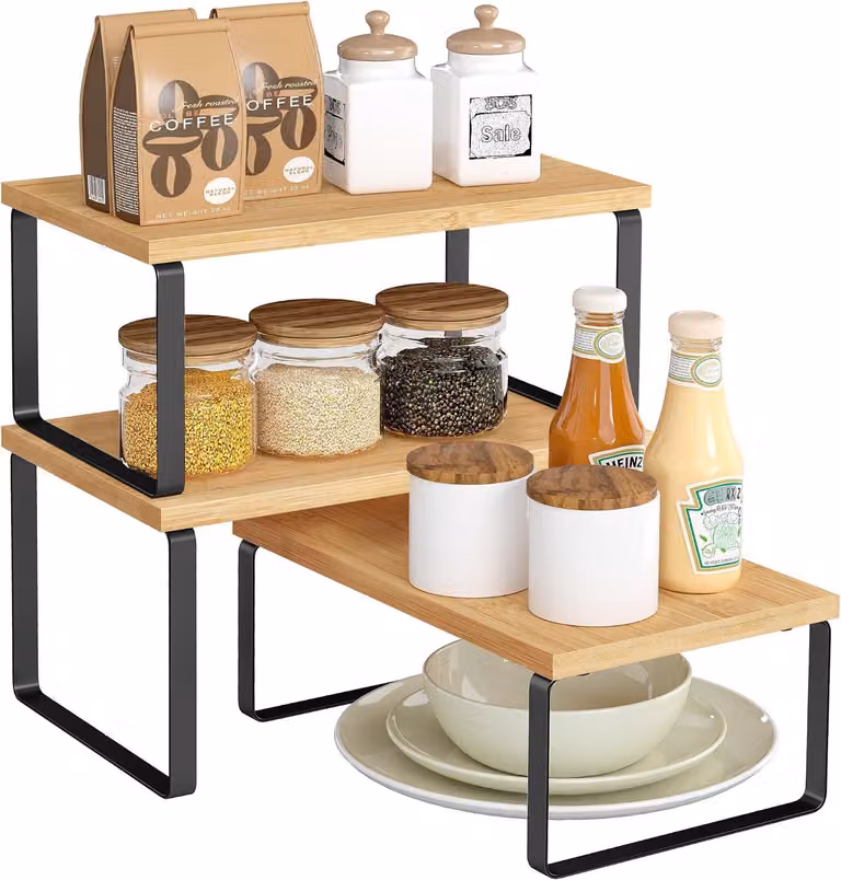 Portaspezie - Set di 3 ripiani impilabili ed espandibili per la cucina - Metallo e bambù - 5 kg per ripiano