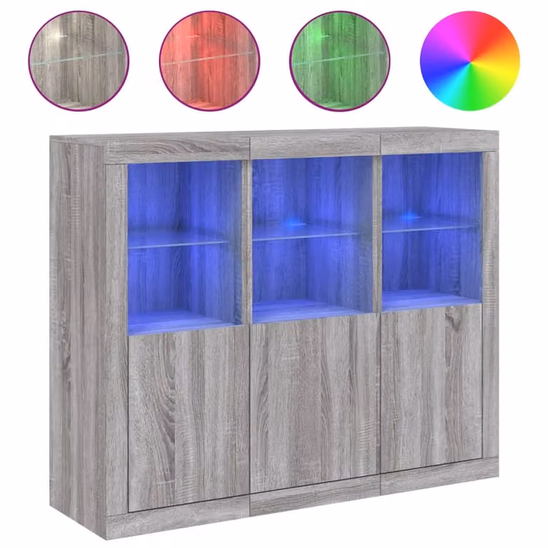 Credenze con Luci LED 3 pz Grigio Sonoma in Legno Multistrato