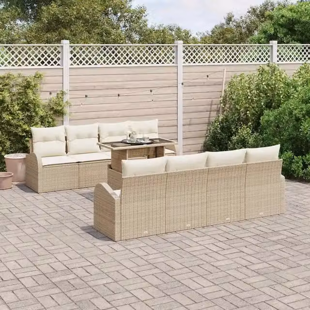 Set Divano da Giardino Moderno vidaXL in Polyrattan Beige con Cuscini e Tavolino da 9 Pezzi