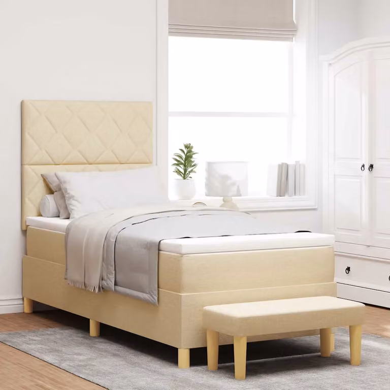 Letto a molle con testiera vidaXL in tessuto beige L 200 cm x P 90 cm x H 128 cm