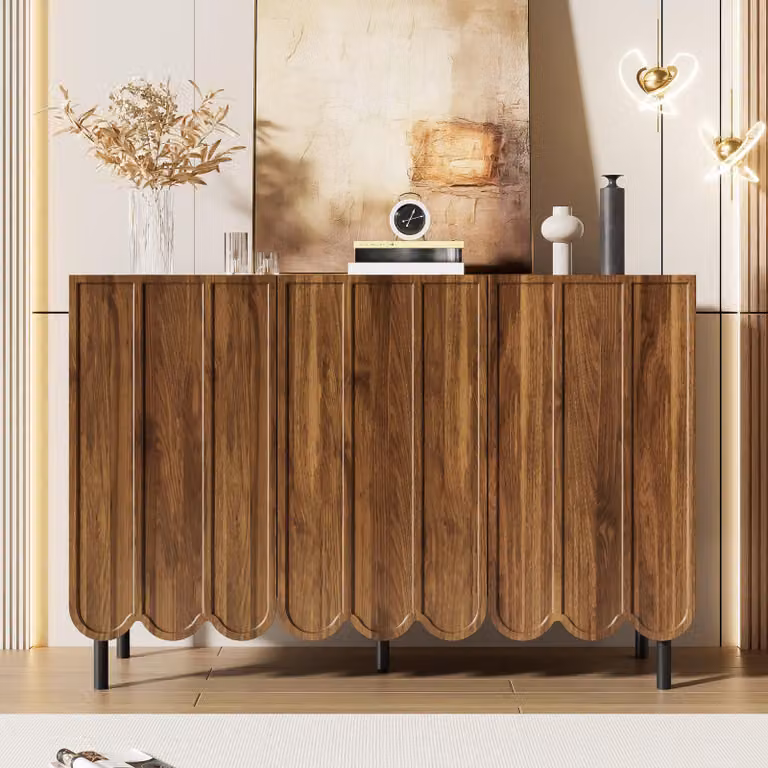 Credenza senza maniglie con ante a onda, effetto legno, 120×35×80 cm, moderna