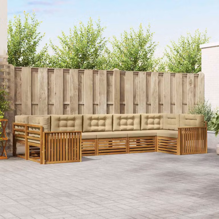 vidaXL Set di divani da esterno a L in legno di acacia con cuscini, Beige e Marrone