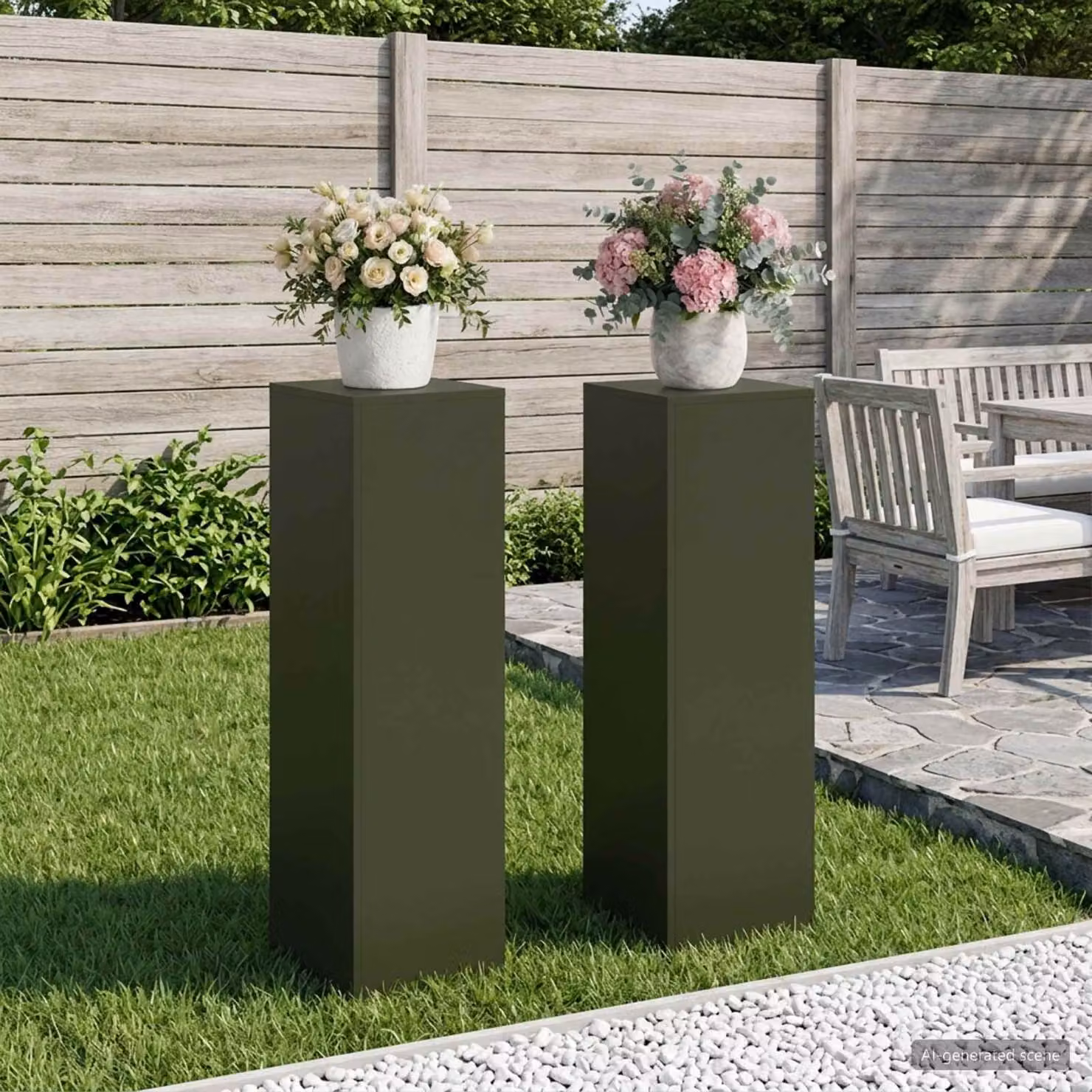 Set di 2 supporti per piante vidaXL in metallo verde oliva L/P/H: 30 x 30 x 100 cm