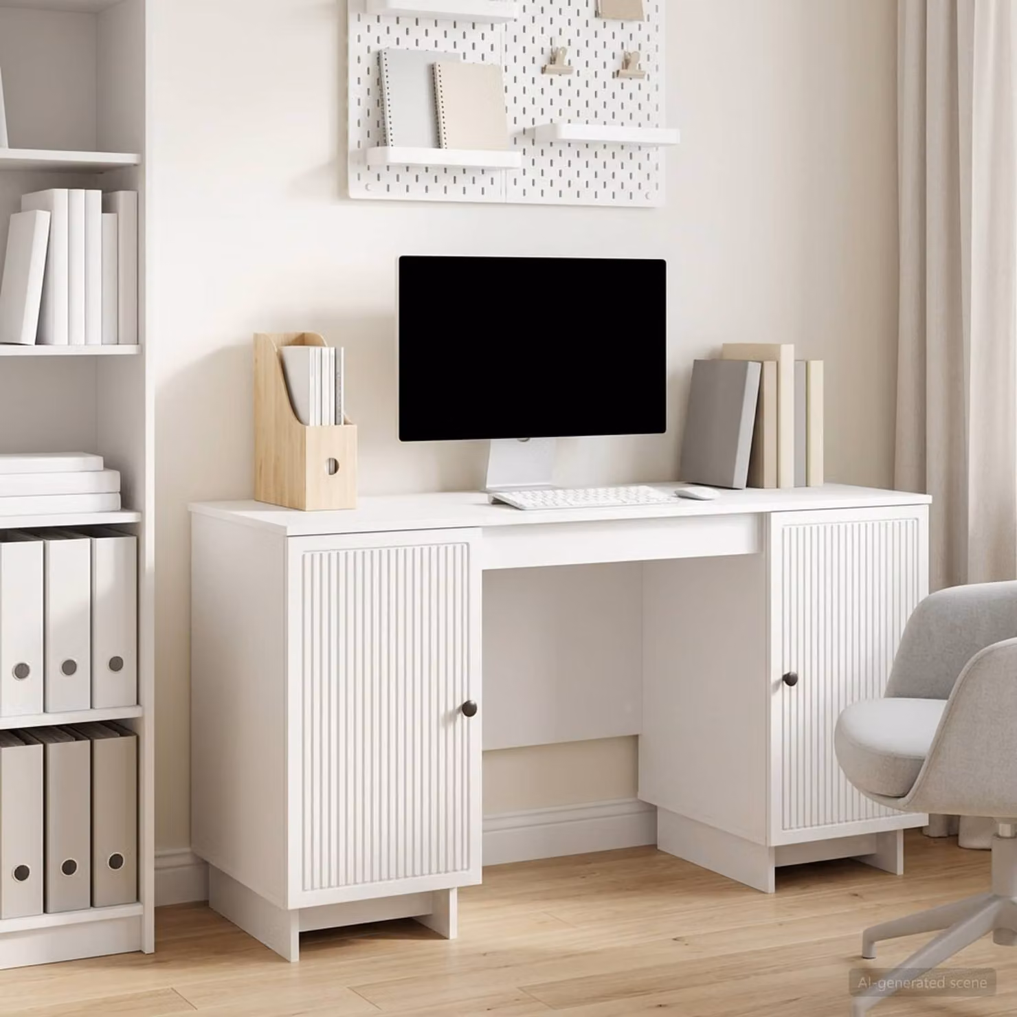 Scrivania moderna vidaXL in legno ingegnerizzato bianco lucido L: 142,5 cm, P: 50 cm, H: 75 cm