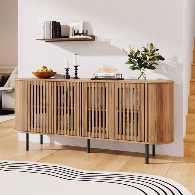 Credenza in Legno Naturale 160 cm Mobile Buffet con 4 Ante Forate; Madia Moderna per Soggiorno e Sala da Pranzo
