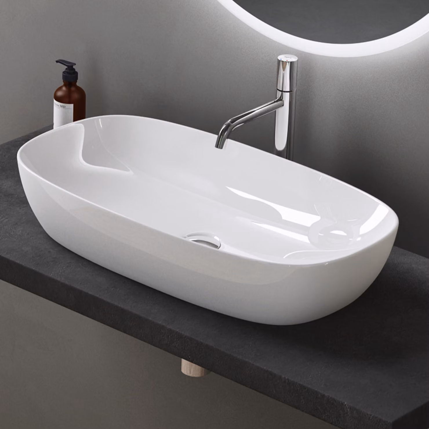 doporro Lavabo da Appoggio in Vetroceramica Bianco Lucido 60 cm, Lavandino Bagno Brüssel104