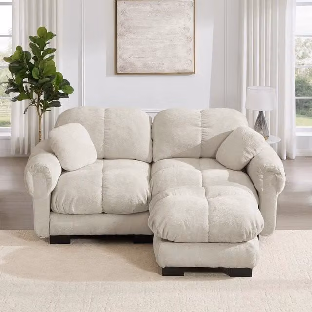 Divano angolare 2 posti con poggiapiedi ¨C Minimal ¨C tessuto chenille beige trapuntato, cuscini spessi