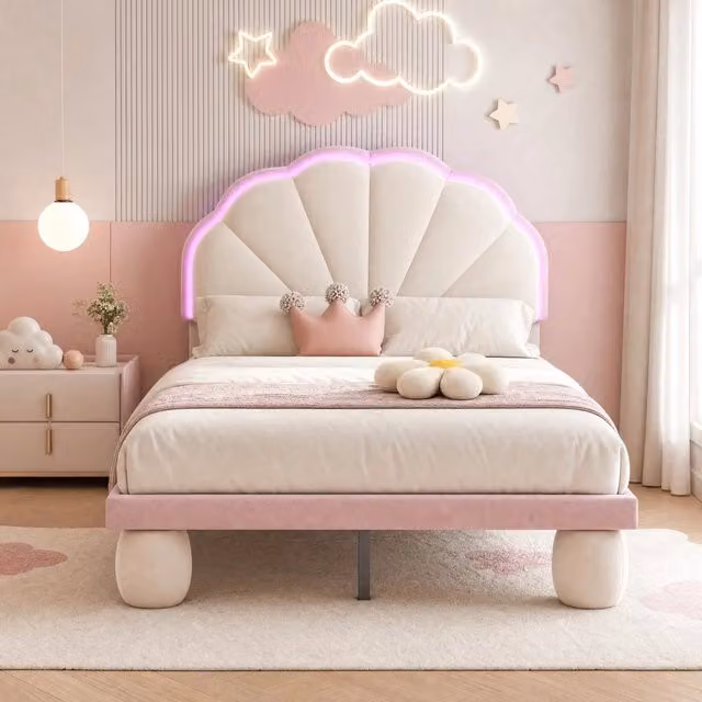 Letto singolo per bambini MODFU con testiera ondulata in velluto beige e rosa e illuminazione LED multicolore L/P/H: 205.5 x 90 x 93.5 cm