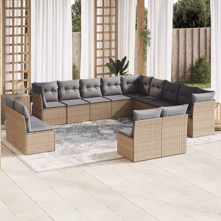 vidaXL Set Divani da Giardino a Forma di U con Tavolino da Caffè e Cuscini Beige e Grigio in Polyrattan e Acciaio