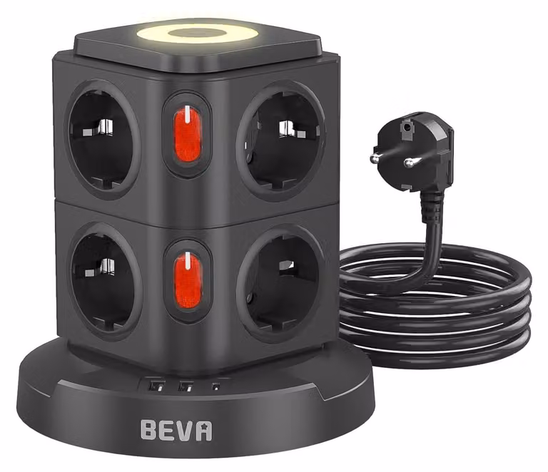 Ciabatta da 2500 W/10 A con interruttore, luce notturna, cavo da 2 metri, 8 prese e 3 porte USB