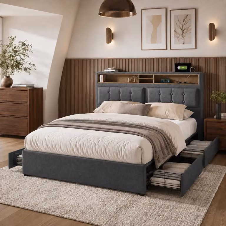 Letto imbottito Flieks 140x200cm con USB e prese, letto per ragazzi letto matrimoniale con 4 cassetti, letto contenitore letto in legno massiccio con rete a doghe, lino, grigio