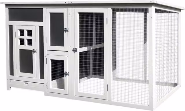 Pollaio da Esterno in Legno per Galline Gabbia con Recinto Corsa Tetto Impermeabile e Vassoio Estraibile Grigio e Bianco 160x75x80 cm
