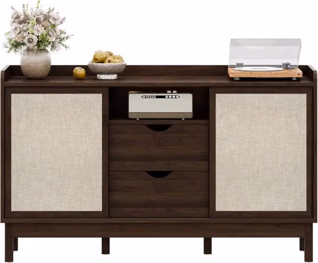 Credenza Chicfurn moderna con ante scorrevoli e 2 cassetti per soggiorno e sala da pranzo, finitura opaca beige e marrone, L 150 x P 39.5 x H 80 cm