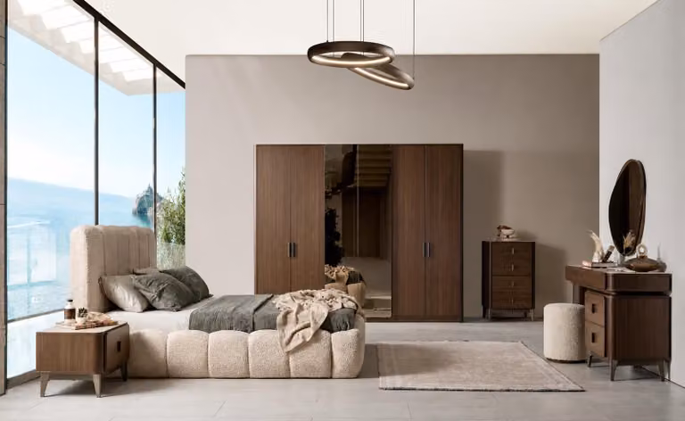 Letto matrimoniale, comodino, armadio, tavolino da trucco con specchio, nuovo