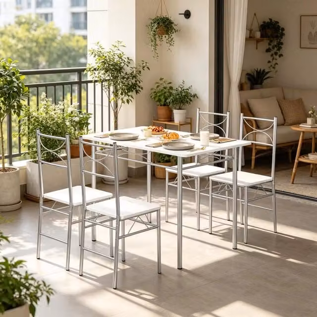 Tavolo da pranzo per 4 persone con 4 sedie in MDF e metallo per cucina balcone e bistrot bianco argento 110 × 76 × 70 cm