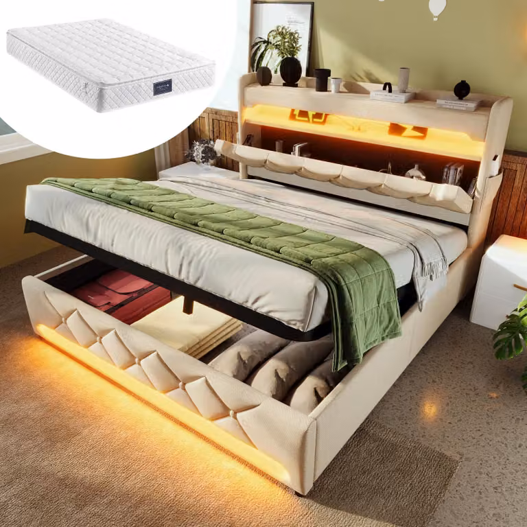 Letto imbottito 140x200 cm con illuminazione a LED, funzione di ricarica USB e Type-C, spazio contenitore ad apertura idraulica, testiera imbottita e rivestimento in lino color beige