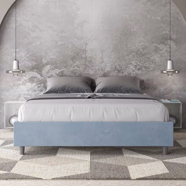 Letto queen size con rete imbottito 150x190 microfibra azzurro Azelia