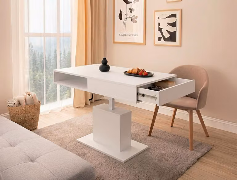 Tavolino da caffè design WM-3, con regolazione continua dell'altezza. Tavolo da pranzo con cassetto e ripiano