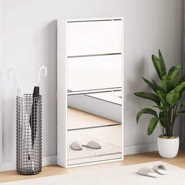Scarpiera con Specchio a 4 Livelli-Mobile con specchio Bianco lucido 63x17x134 cm
