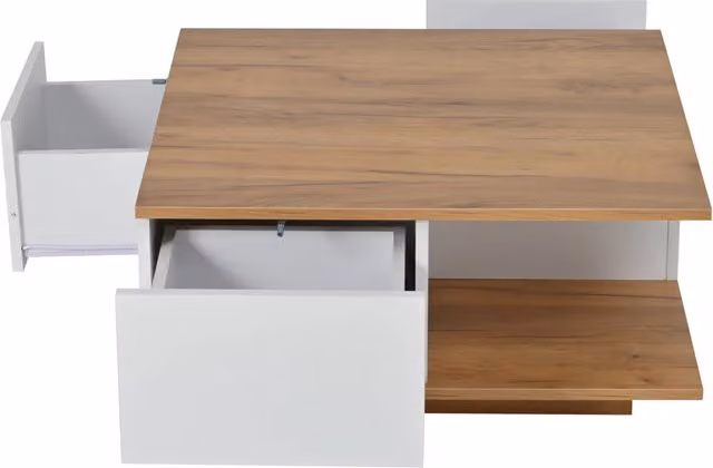 Tavolino da Caffè Quadrato con 3 Cassetti e Vano a Giorno; Finitura Lucida; in Truciolare; Bianco e Noce; 70×70×31;5 cm