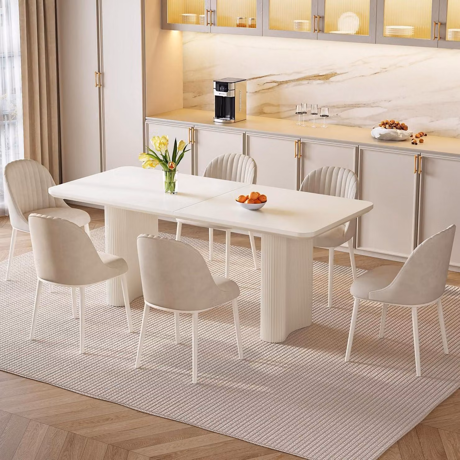 Tavolo da pranzo con 6 sedie imbottite, colore bianco, design moderno e salvaspazio