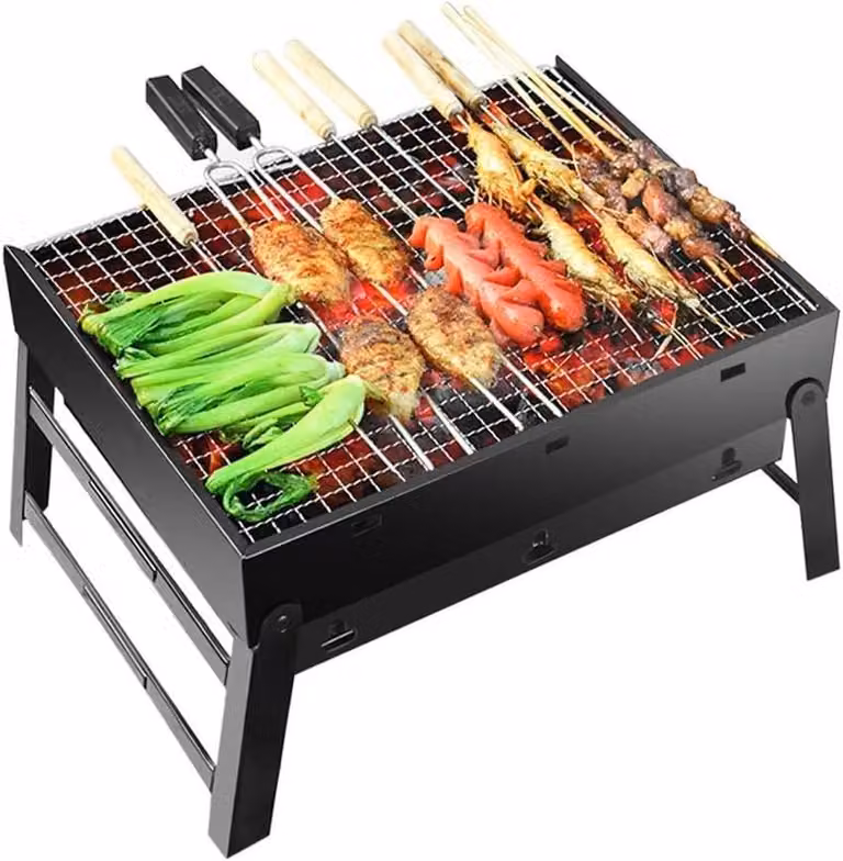 Griglia a carbone pieghevole e portatile, adatta per 5-7 persone, dimensioni 590x220x220 mm, ideale per campeggio e giardino