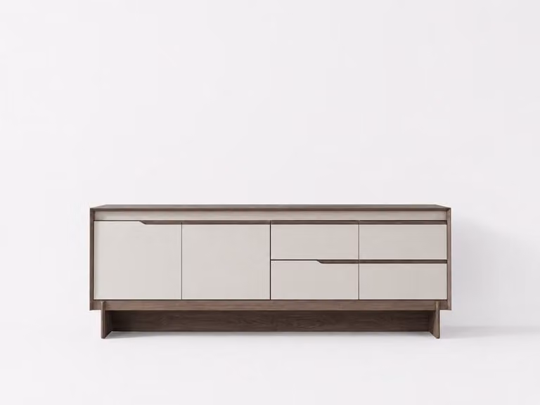 Mobile contenitore beige in legno, con ante e cassetti