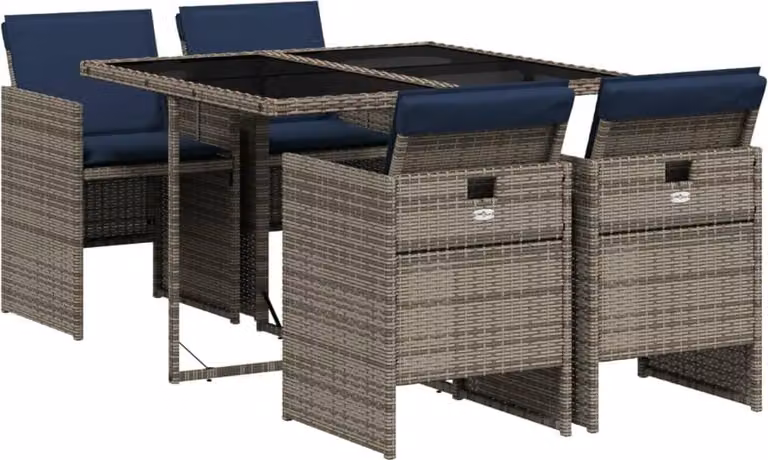 Set da pranzo da giardino da 5 pz con Cuscini in Polyrattan Grigio