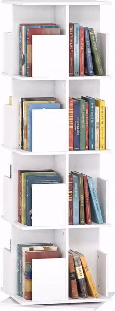 Libreria Girevole a 4 Livelli con 16 Scomparti, Scaffale Rotante Salvaspazio per Casa e Ufficio, 39 x 39 x 128,3 cm, Bianco