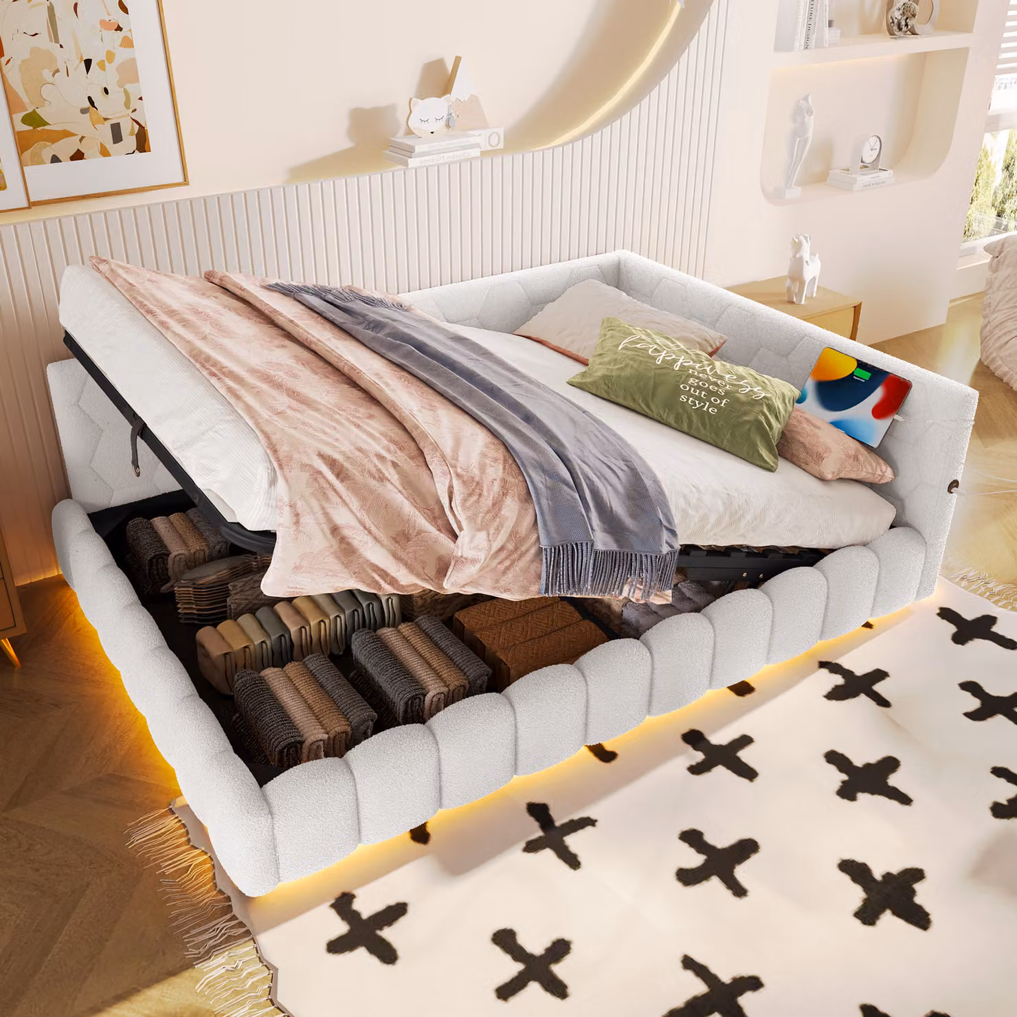 Flieks letto imbottito idraulico daybed 140x200cm, divano letto con USB e Type-C, letto giovanile daybed con LED, letto contenitore in similpile, bianco
