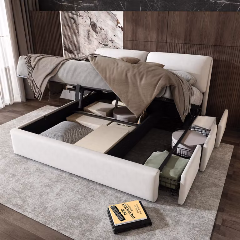 Letto imbottito 180 x 200 con rivestimento in velluto, contenitore e 3 cassetti, struttura del letto con poggiatesta regolabile e rete a listelli; letto contenitore color beige