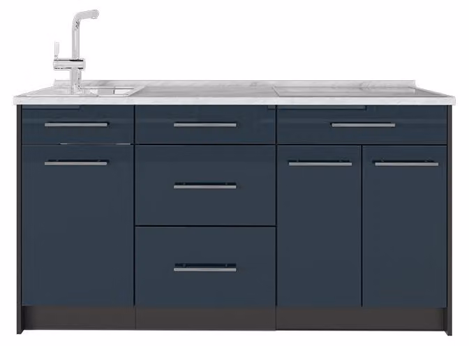 Cucine componibili piccole Vicco Fame-Line Blu scuro lucido 150 cm, PL Marmo, Model 65389