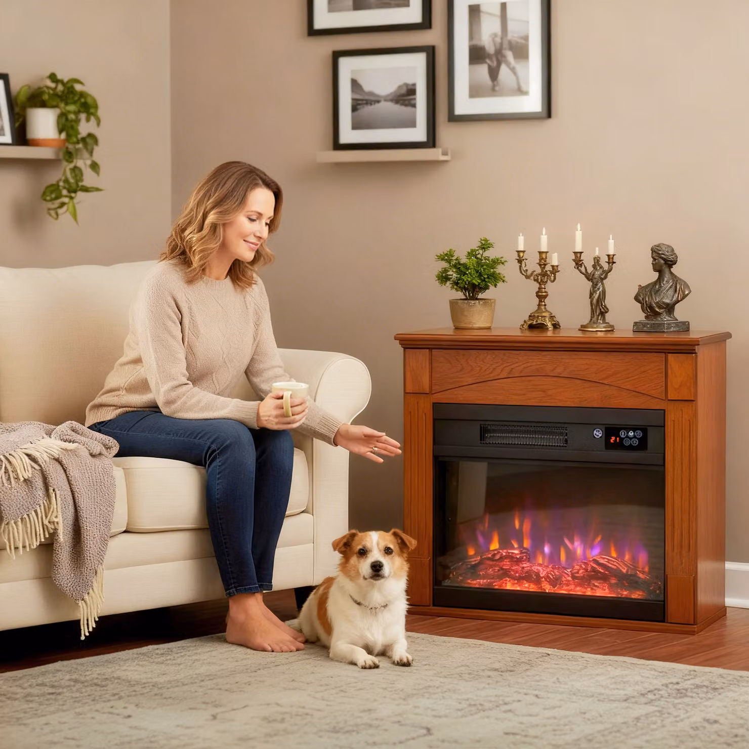 Caminetto elettrico HOMCOM con effetto fiamma 3D, 1000 W/2000 W, 6 colori e 3 livelli di luminosità, marrone, L: 68,5 cm, P: 27,5 cm, H: 63 cm – 2
