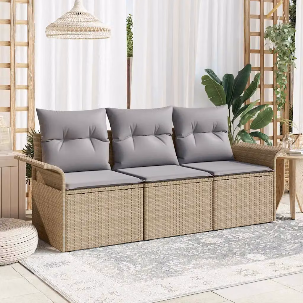 Set Divano da Giardino 3 posti vidaXL in Rattan e Metallo con Cuscini Beige