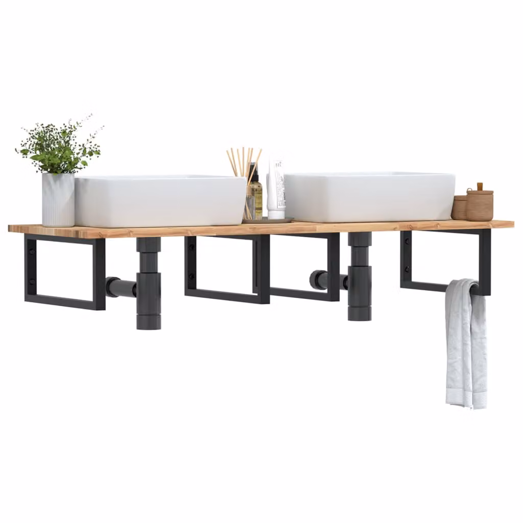 vidaXL Ripiano a Parete per Lavabo in Accacia e Metallo Nero e Marrone L: 50 cm, P: 22 cm, H: 5 cm
