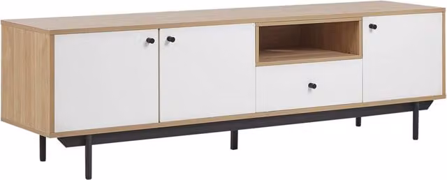 Mobile TV BELIANI in legno e metallo bianco per schermi fino a 75 pollici con cassetti, ripiani e gestione dei cavi L: 163 cm, P: 40 cm, H: 50 cm