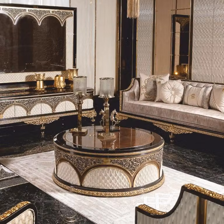 Tavolino da salotto in stile barocco "Casa Padrino", lusso, color marrone/bianco/oro, diametro 118 cm. Tavolino rotondo in stile barocco per il soggiorno. Arredamento da soggiorno in stile barocco