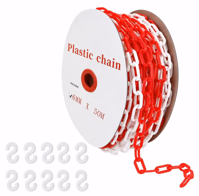 Catena di delimitazione rosso e bianco, in plastica, 6 mm x 50 m, con 10 ganci a forma di S