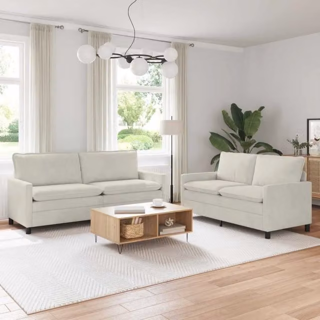 Set di 2 divani moderni vidaXL in velluto beige con cuscini inclusi e coperture rimovibili – 1