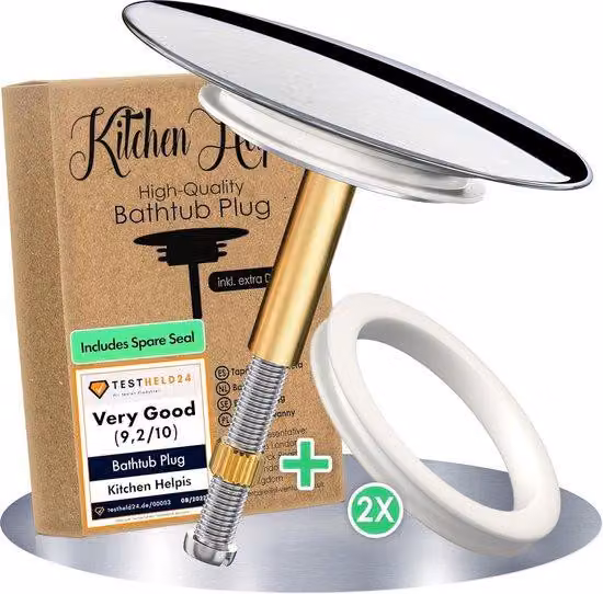Tappo universale per vasca da bagno, Ø 72 mm, acciaio inossidabile, adatto a tutte le vasche da bagno, tappo regolabile, V2.0 – tenuta al 100%, con 2 guarnizioni doppie